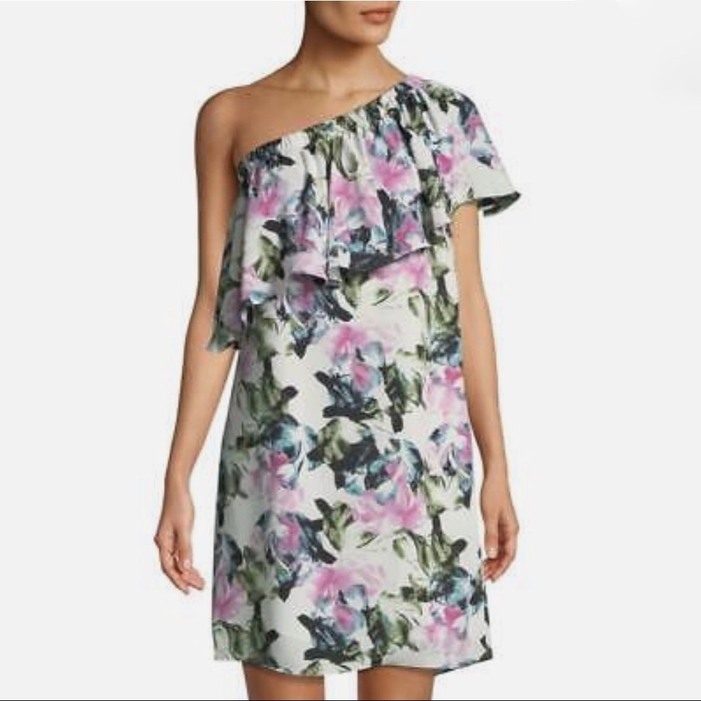 VINCE CAMUTO White GLACIER Floral Garden ONE SHOULDER Ruffle A-LINE DRESS 8